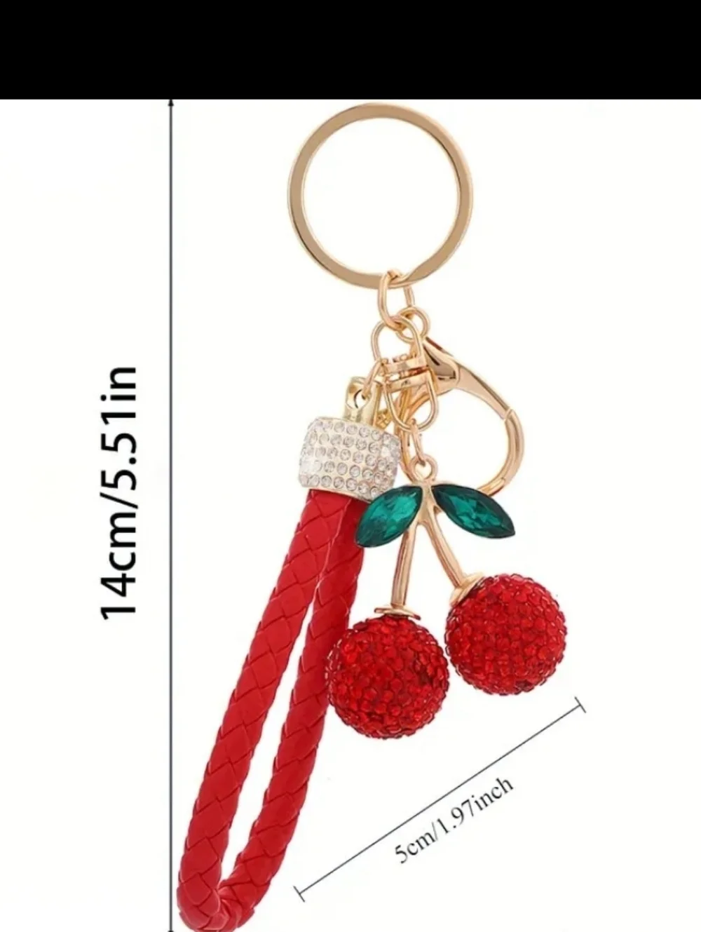 Cherry Crystal Keychain with Red Braided Strap Rhinestones and Gold Hardware